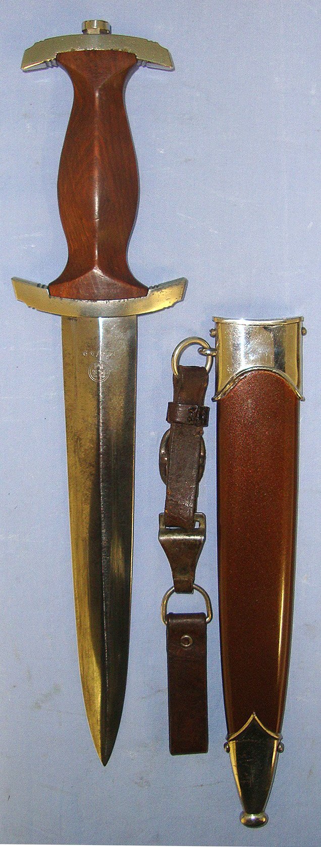  WW2 Production Nazi German 1933 Pattern SA Dagger By RZM M7/49 (F.A. Herder & Sohn Solingen (Rarity Value 4) With Scabbard, Leather Hanger Stamped ‘RZM M5/71 & OLC Cartouche Clip (Overhoff & Cie Lüdenscheid). Sn 23174:32 Dagger