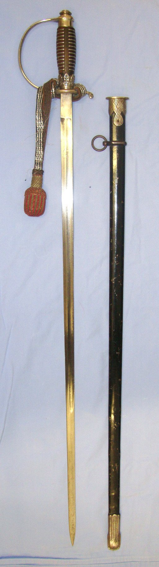  ORIGINAL**WW2 Era Nazi German Fire Protection Police Officer Rank Furhredegen Dress Sword By Holler, Solingen With Fire Protection Police Officer’s Bullion Cord & Portepee & Scabbard. Sn 22850 Sword