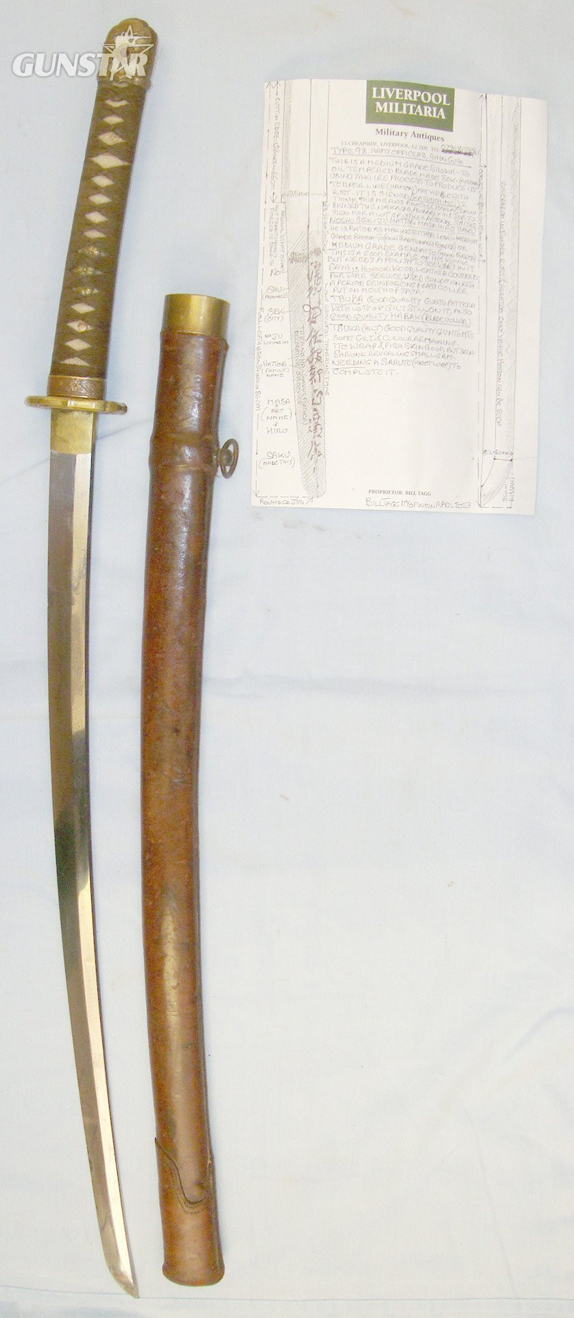 WW2 Japanese Army Officer’s Type 98 Shin Gunto Seki Arsenal Sword with Smith Signature ‘NOSHU SEKI JU HATTORI MASA HIRO SAKU’, Scabbard with Leather War Service Cover & Expert Assessment. Sn 20599  Sword in 
