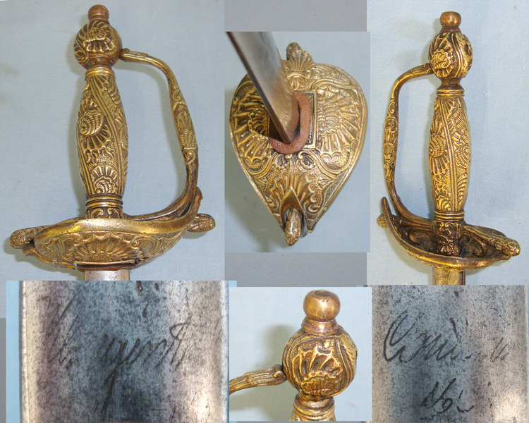 C1750 French Form Child Size Small Court Sword With Ornate Brass Hilt Sword