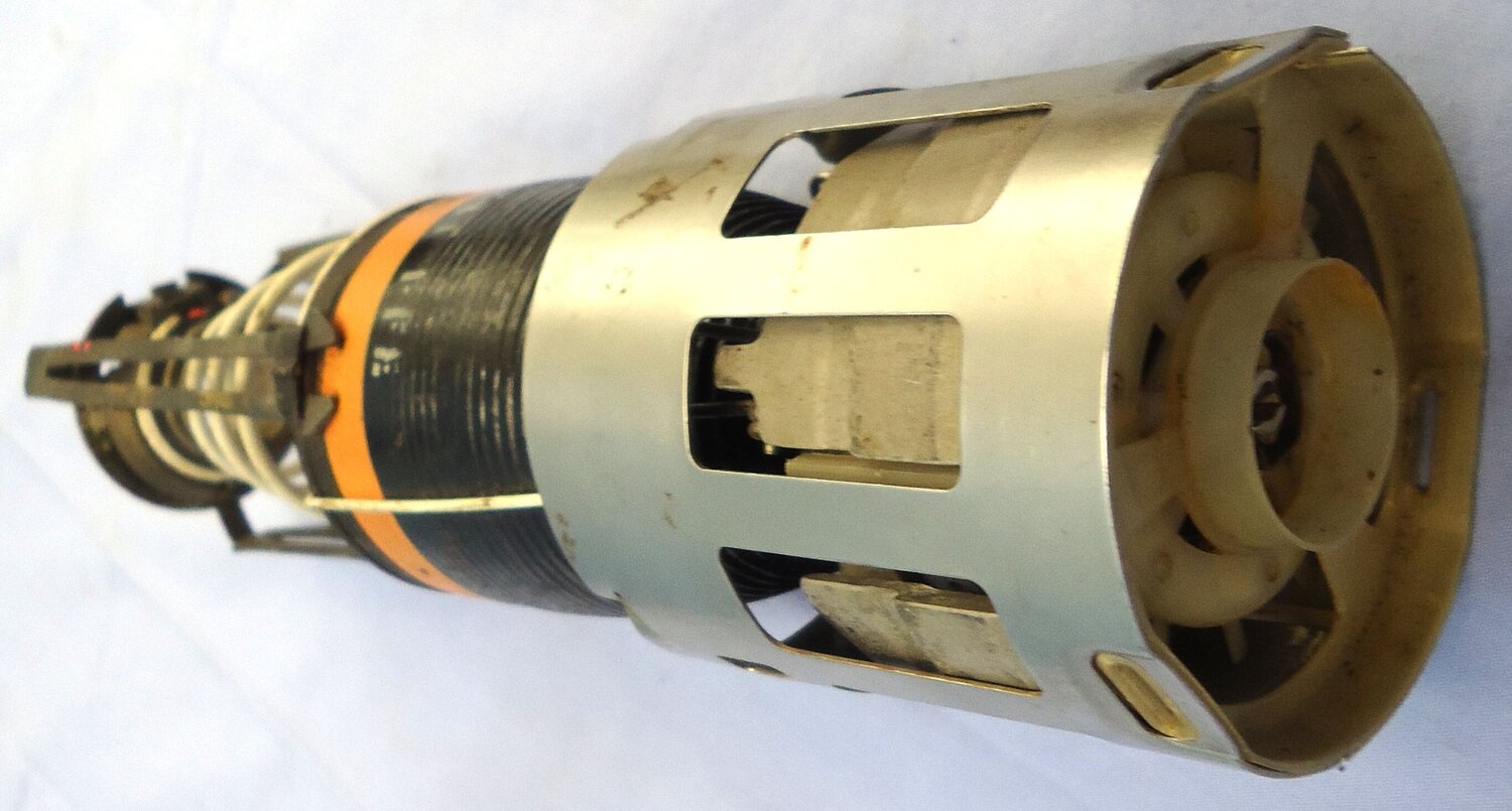 {CATEGORY} - INERT DEACTIVATED. BL755 Anti-Tank & Runway Cratering Bomblet, Stand Off Assembly, Arming Vane & Tail Fin. - O 2118 INERT DEACTIVATED. BL755 Anti-Tank & Runway Cratering Bomblet, Stand Off Assembly, Arming Vane & Tail Fin. - O 2118  Other Ammunition