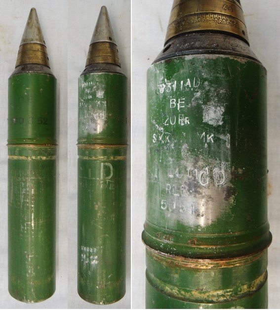  SMK - Sportsmarketing INERT DEACTIVATED. Scarce, Unfired, British 20pr (84x618R) Smoke (SMK) Base Eject Round. Sn - 22846:90  Other Ammunition