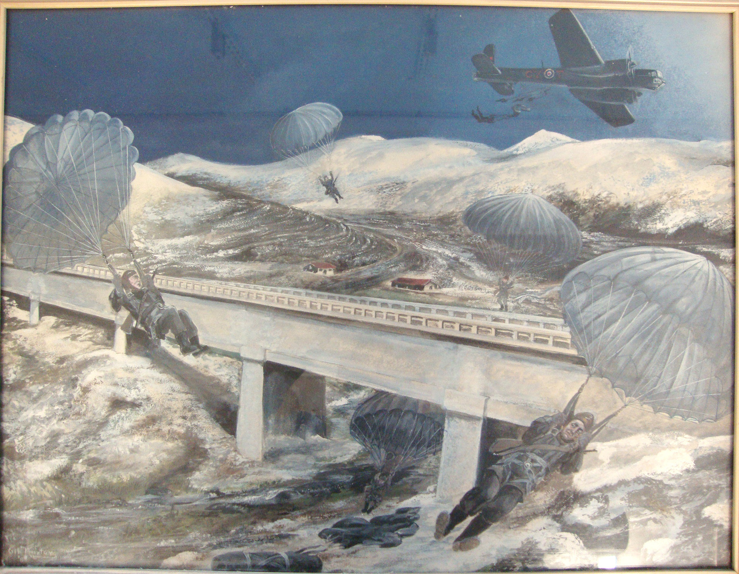 1983 Gib Baxter Watercolour Painting Of Operation Colossus The 1st British Airborne Assault By X Troop 1941 To Destroy An Aqueduct Near Calitri Italy. Sn 20790  Antique & Militaria