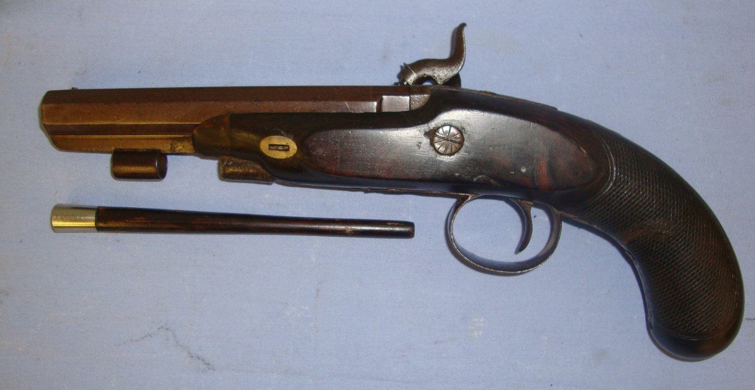  1834-1853 English Perrins (Worcester Or Berkshire) 28 Bore Percussion Overcoat / Traveling Pistol With Octagonal Barrel. Sn 21532:3 20 Bore/gauge Muzzleloader