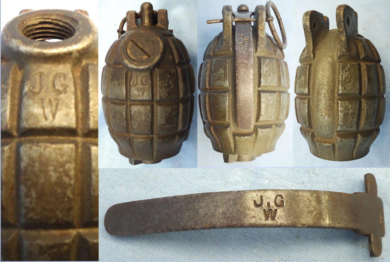 INERT DEACTIVATED. WW1 1917 Dated No.23 MK llI Mills Hand Grenade by J.G.W. (James Gibbons, Wolverhampton). O 2220 INERT DEACTIVATED. WW1 1917 Dated No.23 MK llI Mills Hand Grenade by J.G.W. (James Gibbons, Wolverhampton). O 2220 Various Other Ammunition