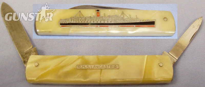 WWII era Commemorative Mother of Pearl Twin Blade Folding Knife Inlaid with a Portrait of R.M.S. Lancastria. 20091. Knive in 