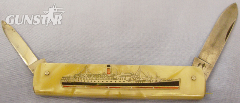  WWII era Commemorative Mother of Pearl Twin Blade Folding Knife Inlaid with a Portrait of R.M.S. Lancastria. 20091. Knive