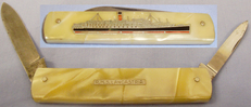 WWII era Commemorative Mother of Pearl Twin Blade Folding Knife Inlaid with a Portrait of R.M.S. Lancastria. 20091. Knive