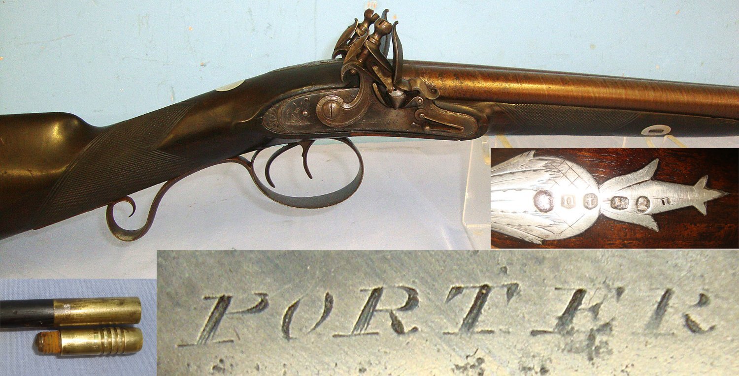 QUALITY* English, Porter (Most Likely R. 1770-1790) London,16 Bore, Double Damascus Barrelled Muzzle Loading Flintlock Shotgun With George III (1760-1820) London Sterling Silver Mounts & Ram Rod. Sn 23722 flintlock shotgun Muzzleloader 16 Bore/gauge
