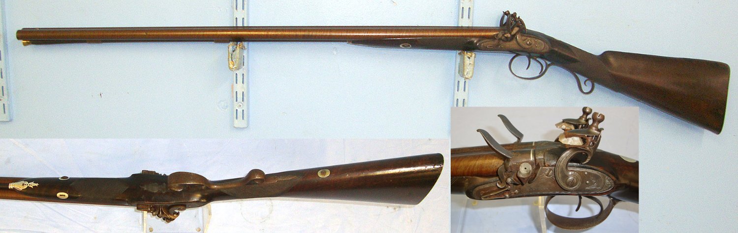  QUALITY* English, Porter (Most Likely R. 1770-1790) London,16 Bore, Double Damascus Barrelled Muzzle Loading Flintlock Shotgun With George III (1760-1820) London Sterling Silver Mounts & Ram Rod. Sn 23722 flintlock shotgun Muzzleloader 16 Bore/gauge