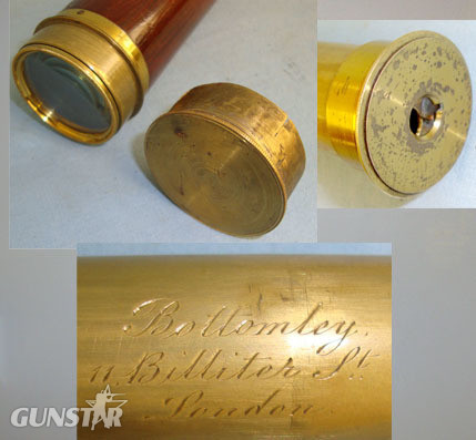  Bottomley, 11 Billiter St., London 3 Draw Brass Telescope With Rosewood Barrel, Brass Lens Cap & Sliding Eye Piece  Sight & Optic