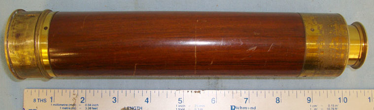 Bottomley, 11 Billiter St., London 3 Draw Brass Telescope With Rosewood Barrel, Brass Lens Cap & Sliding Eye Piece  Sight & Optic