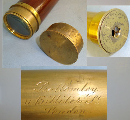  Bottomley, 11 Billiter St., London 3 Draw Brass Telescope With Rosewood Barrel, Brass Lens Cap & Sliding Eye Piece  Sight & Optic