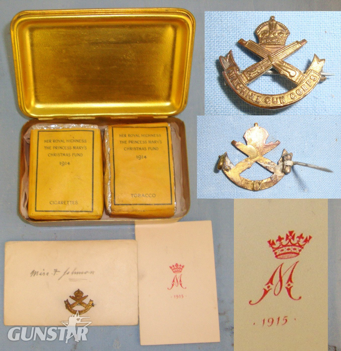 COMPLETE ORIGINAL MINT **Early WW1 Christmas 1914 Princess Mary\'s Brass Gift Fund Box Containing An Un-Opened 1914 Dated Packet Of Tobacco, 1914 Dated Carton Of Cigarettes, Correct Monogramed Christmas Card & Associated Machine Gun Corps Sweetheart Pin.   Antique & Militaria