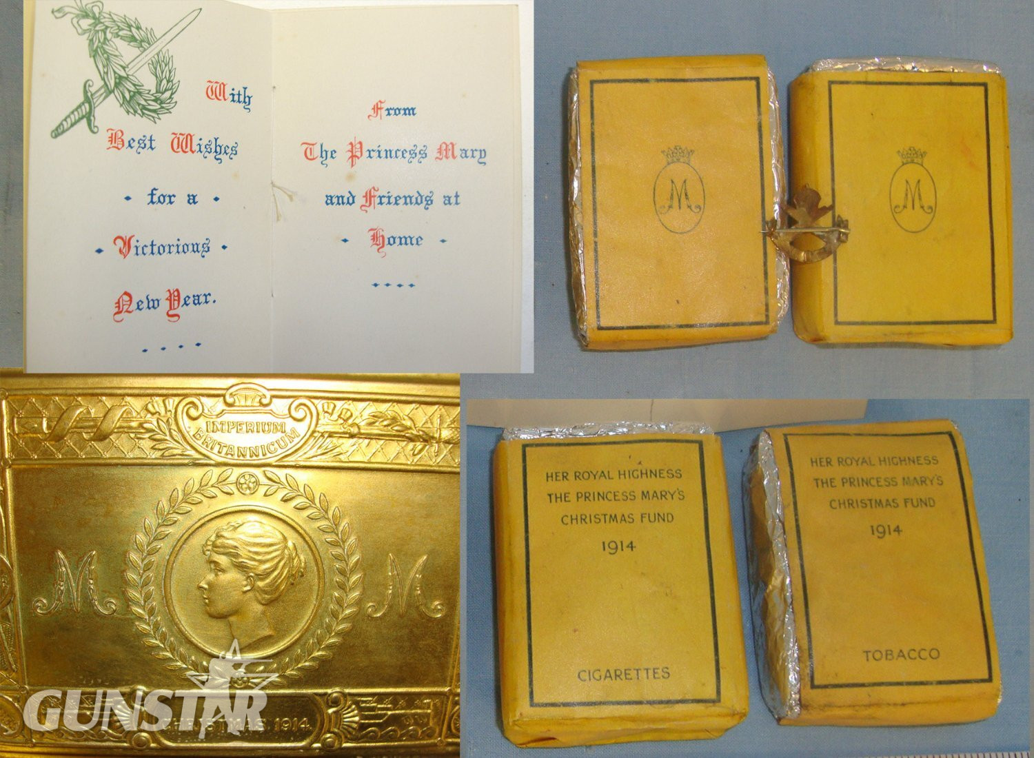  COMPLETE ORIGINAL MINT **Early WW1 Christmas 1914 Princess Mary\'s Brass Gift Fund Box Containing An Un-Opened 1914 Dated Packet Of Tobacco, 1914 Dated Carton Of Cigarettes, Correct Monogramed Christmas Card & Associated Machine Gun Corps Sweetheart Pin.   Antique & Militaria