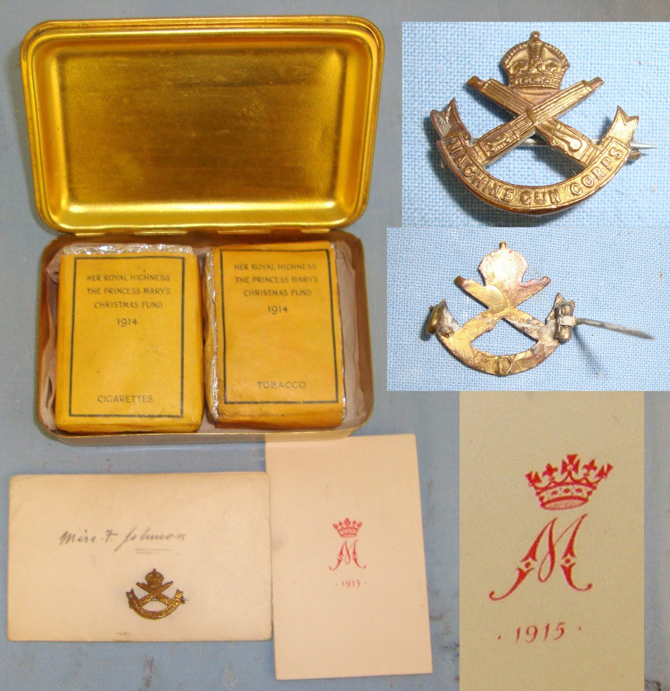COMPLETE ORIGINAL MINT **Early WW1 Christmas 1914 Princess Mary\'s Brass Gift Fund Box Containing An Un-Opened 1914 Dated Packet Of Tobacco, 1914 Dated Carton Of Cigarettes, Correct Monogramed Christmas Card & Associated Machine Gun Corps Sweetheart Pin.   Antique & Militaria