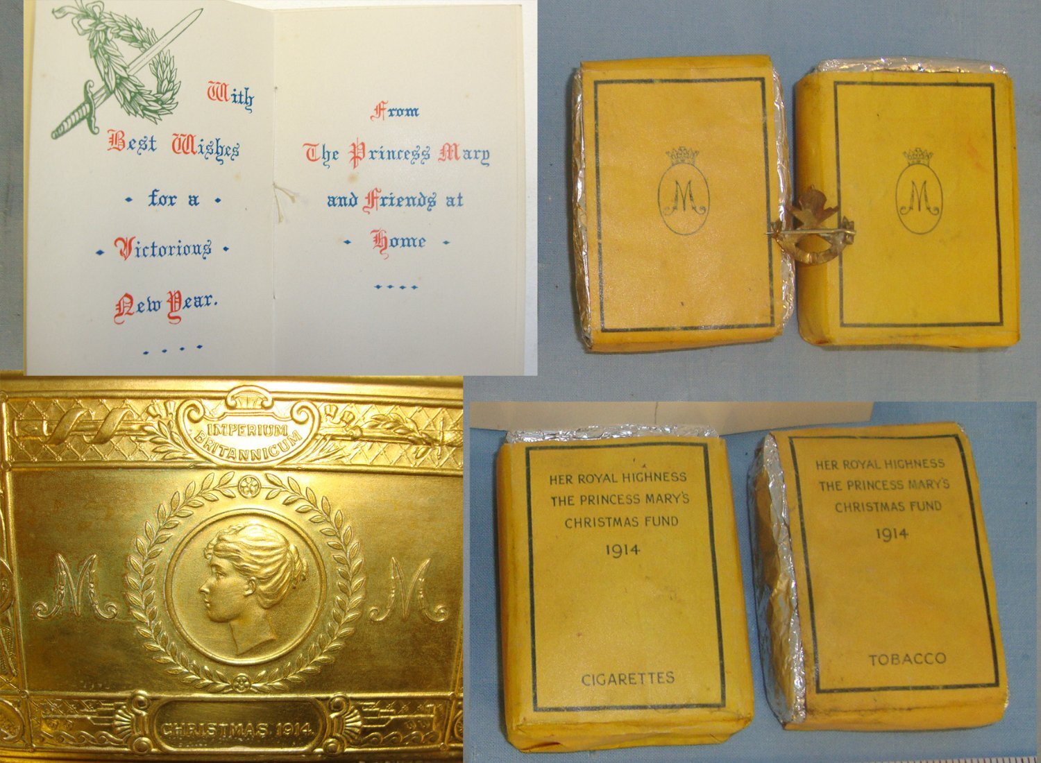  COMPLETE ORIGINAL MINT **Early WW1 Christmas 1914 Princess Mary\'s Brass Gift Fund Box Containing An Un-Opened 1914 Dated Packet Of Tobacco, 1914 Dated Carton Of Cigarettes, Correct Monogramed Christmas Card & Associated Machine Gun Corps Sweetheart Pin.   Antique & Militaria