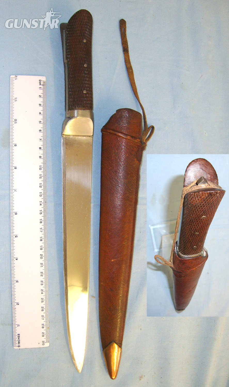 MINT**LARGE & SUBSTANTIAL** Victorian British Officer’s Private Purchase North West Frontier Kard Fighting Knife With Tropical Hardwood Scales & Leather Covered Wood Scabbard With Retaining Strap. Sn 20771 Knive in 