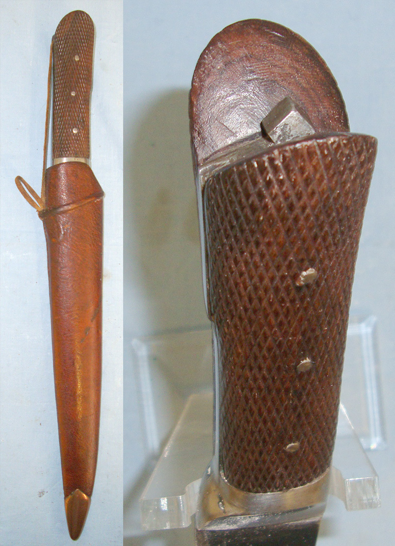 MINT**LARGE & SUBSTANTIAL** Victorian British Officer’s Private Purchase North West Frontier Kard Fighting Knife With Tropical Hardwood Scales & Leather Covered Wood Scabbard With Retaining Strap. Sn 20771 Knive