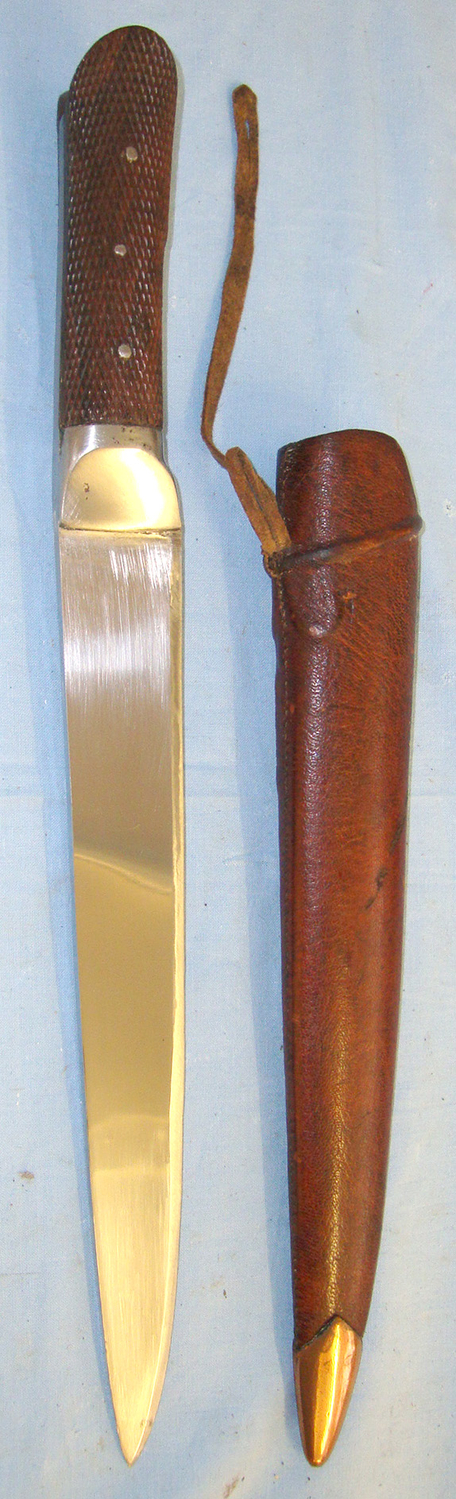  MINT**LARGE & SUBSTANTIAL** Victorian British Officer’s Private Purchase North West Frontier Kard Fighting Knife With Tropical Hardwood Scales & Leather Covered Wood Scabbard With Retaining Strap. Sn 20771 Knive