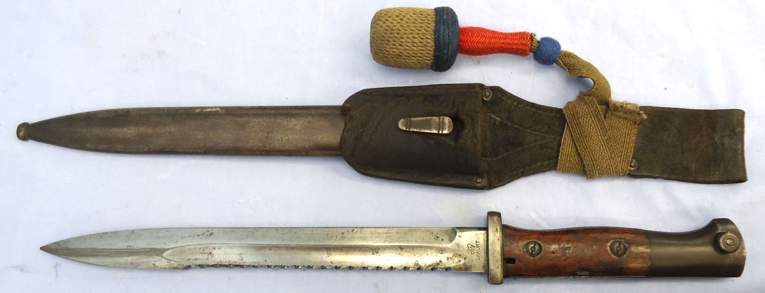 Imperial German. WW1. Model 1884/98 Sawback Bayonet Complete with Steel Scabbard, Leather Frog & Knot by Gebr. Heller with Erfurt Acceptance mark. Sn 23478:60 Bayonet - {CATEGORY} in 