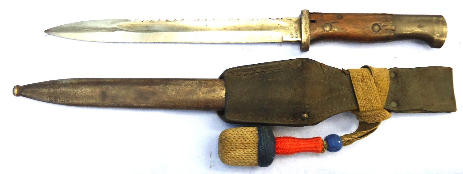 Imperial German. WW1. Model 1884/98 Sawback Bayonet Complete with Steel Scabbard, Leather Frog & Knot by Gebr. Heller with Erfurt Acceptance mark. Sn 23478:60 Bayonet - {CATEGORY}