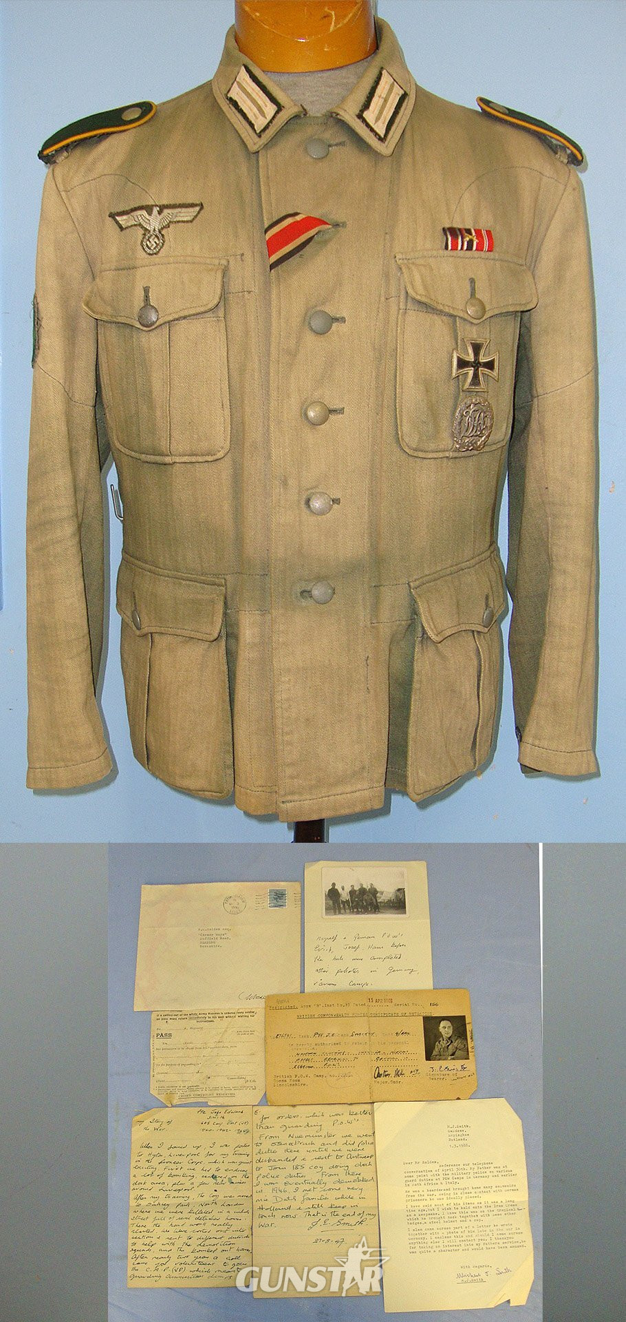 RARE**NAMED BRITISH POW GUARD PTE J.E. SMITH BRING BACK WITH PROVENANCE**WW2 Nazi German DAK Deutsches Afrikakorps Panzer Grenadier's Unteroffizier (Corporal’s) Tropical Combat Tunic With Rank Insignia, Iron Cross With Ribbon, War Merit Cross & DRL Spor  Clothing in 