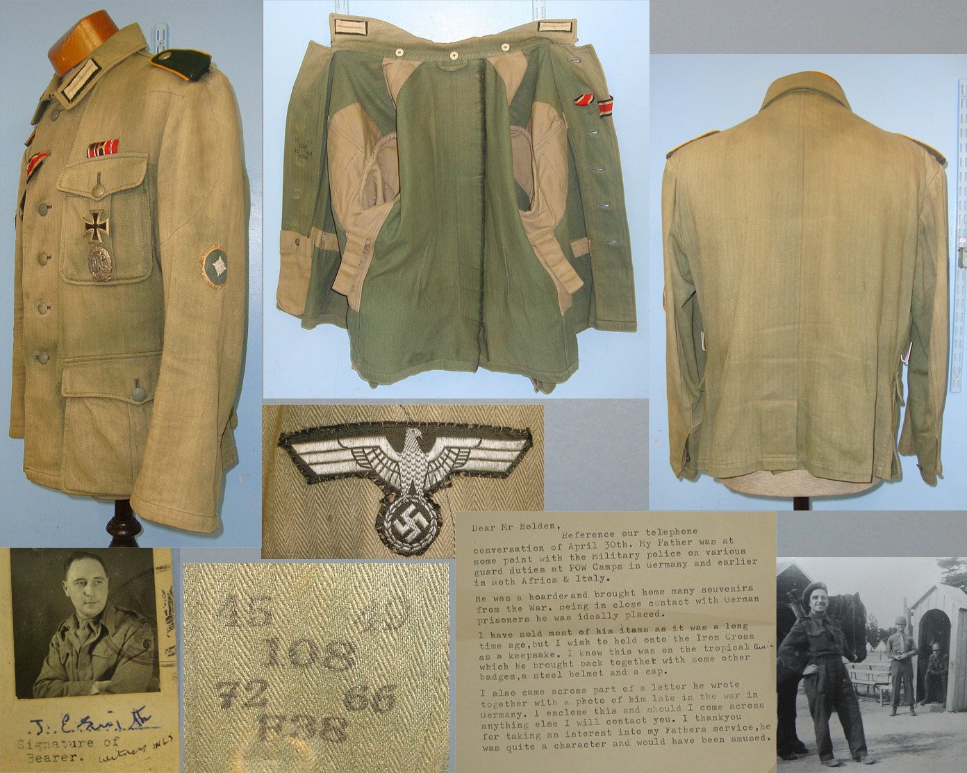  RARE**NAMED BRITISH POW GUARD PTE J.E. SMITH BRING BACK WITH PROVENANCE**WW2 Nazi German DAK Deutsches Afrikakorps Panzer Grenadier's Unteroffizier (Corporal’s) Tropical Combat Tunic With Rank Insignia, Iron Cross With Ribbon, War Merit Cross & DRL Spor  Clothing