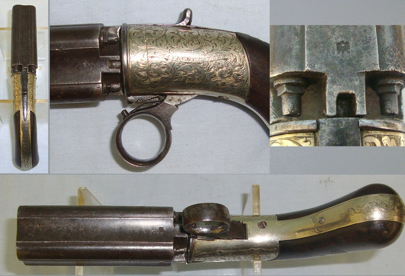 QUALITY MAKER**C1840’s English C. Maybury’s Patent (Birmingham) German Silver Frame 4 Shot .400 Calibre Double Action Percussion Ring Trigger Pepperbox Revolver. Sn 22737 Ring Trigger Pepperbox Revolver. Sn 22737 None Revolver