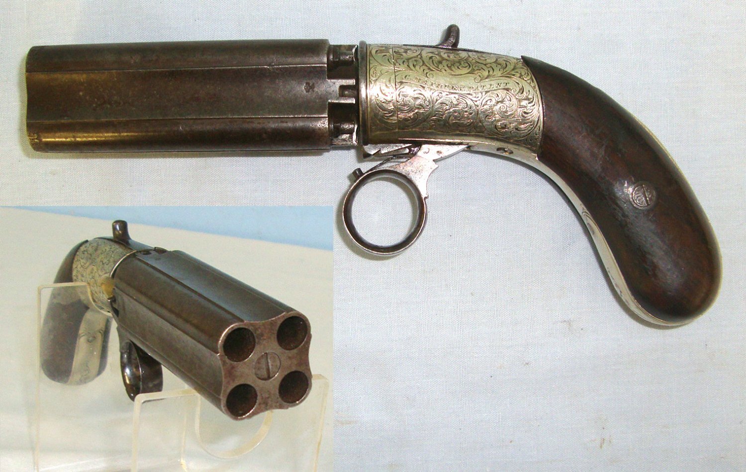  QUALITY MAKER**C1840’s English C. Maybury’s Patent (Birmingham) German Silver Frame 4 Shot .400 Calibre Double Action Percussion Ring Trigger Pepperbox Revolver. Sn 22737 Ring Trigger Pepperbox Revolver. Sn 22737 None Revolver