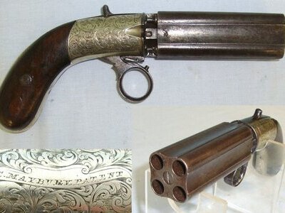 QUALITY MAKER**C1840’s English C. Maybury’s Patent (Birmingham) German Silver Frame 4 Shot .400 Calibre Double Action Percussion Ring Trigger Pepperbox Revolver. Sn 22737 Ring Trigger Pepperbox Revolver. Sn 22737 None Revolver