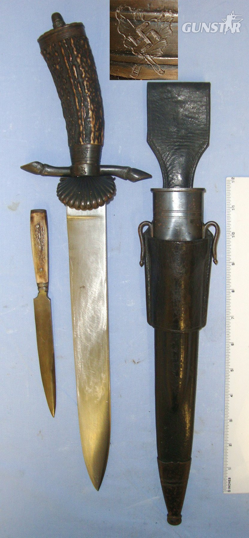 Nazi German National Forestry Service (Reichsforstamt) Marked Clamshell Boar & Stag Hunting Forester’s Dagger / Sidearm With Original Steel Mounted Leather Scabbard & Skinning Knife. Sn 23174:16 Knive in 