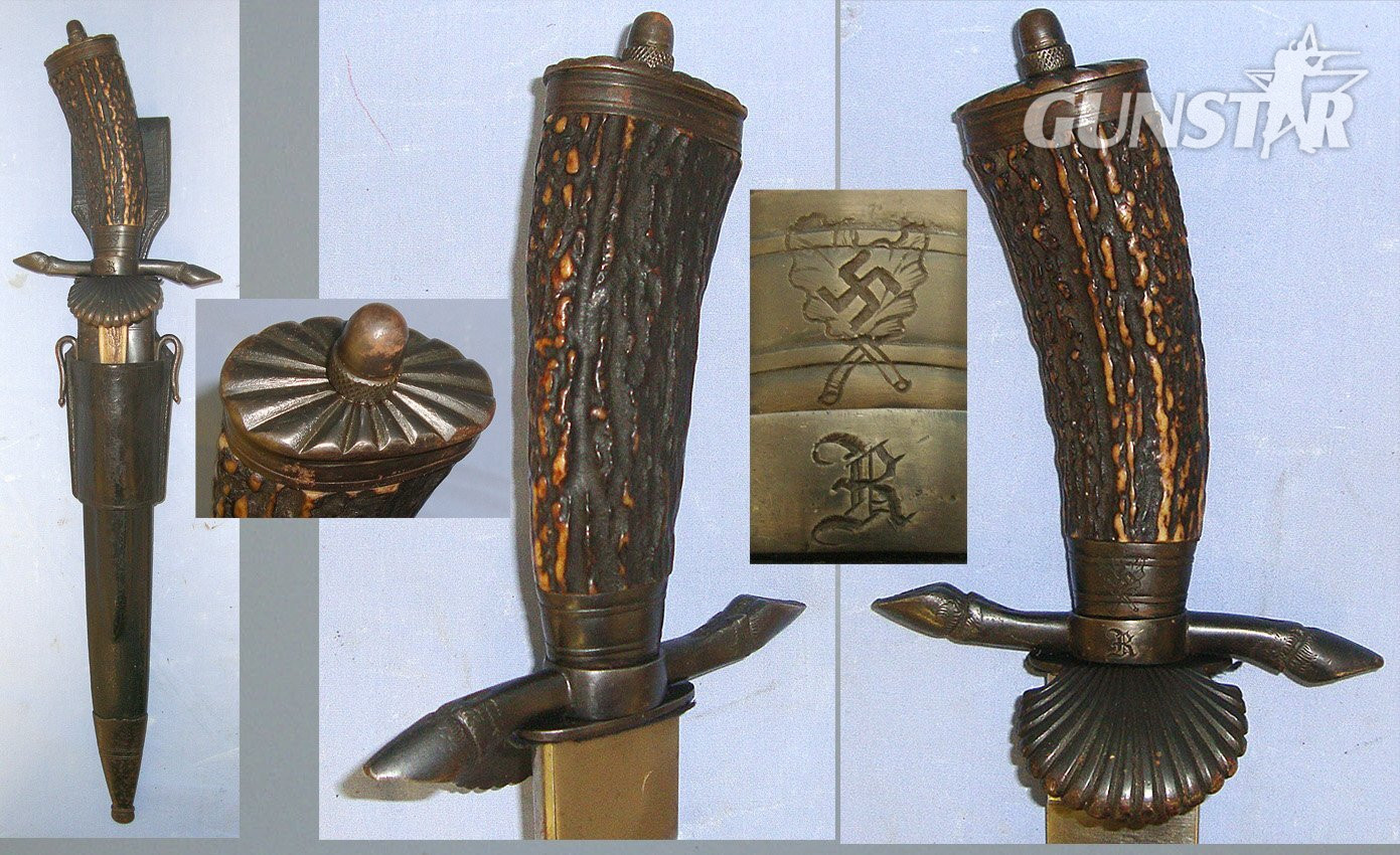 Nazi German National Forestry Service (Reichsforstamt) Marked Clamshell Boar & Stag Hunting Forester’s Dagger / Sidearm With Original Steel Mounted Leather Scabbard & Skinning Knife. Sn 23174:16 Knive