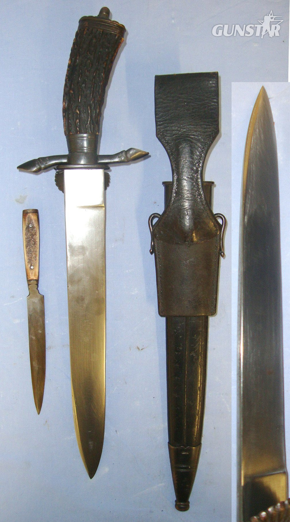 Nazi German National Forestry Service (Reichsforstamt) Marked Clamshell Boar & Stag Hunting Forester’s Dagger / Sidearm With Original Steel Mounted Leather Scabbard & Skinning Knife. Sn 23174:16 Knive
