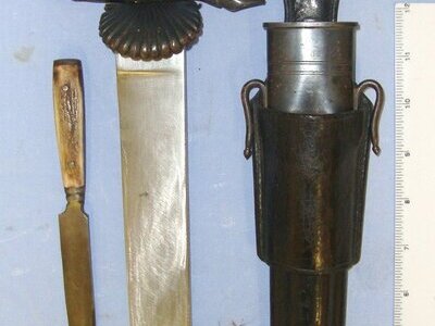 Nazi German National Forestry Service (Reichsforstamt) Marked Clamshell Boar & Stag Hunting Forester’s Dagger / Sidearm With Original Steel Mounted Leather Scabbard & Skinning Knife. Sn 23174:16 Knive