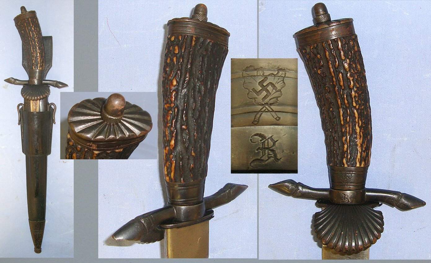 Nazi German National Forestry Service (Reichsforstamt) Marked Clamshell Boar & Stag Hunting Forester’s Dagger / Sidearm With Original Steel Mounted Leather Scabbard & Skinning Knife. Sn 23174:16 Knive