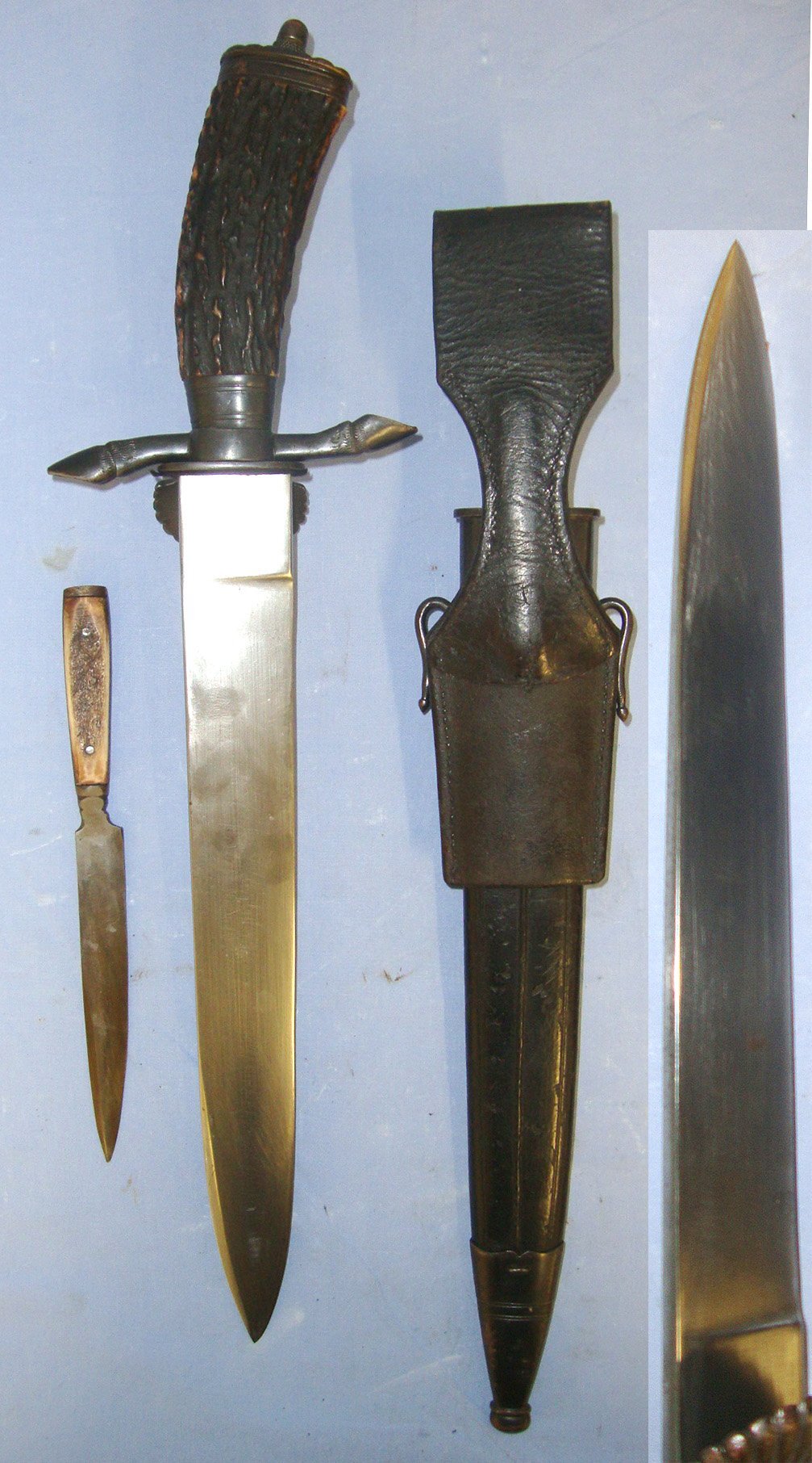  Nazi German National Forestry Service (Reichsforstamt) Marked Clamshell Boar & Stag Hunting Forester’s Dagger / Sidearm With Original Steel Mounted Leather Scabbard & Skinning Knife. Sn 23174:16 Knive
