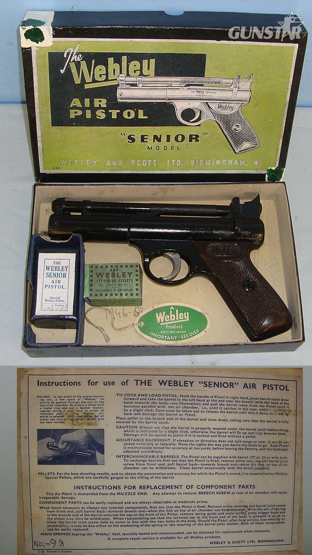  BOXED**Post 1958, Webley Senior .177 Calibre Air Pistol With Brown Grips. AI 595 air pistol .177
