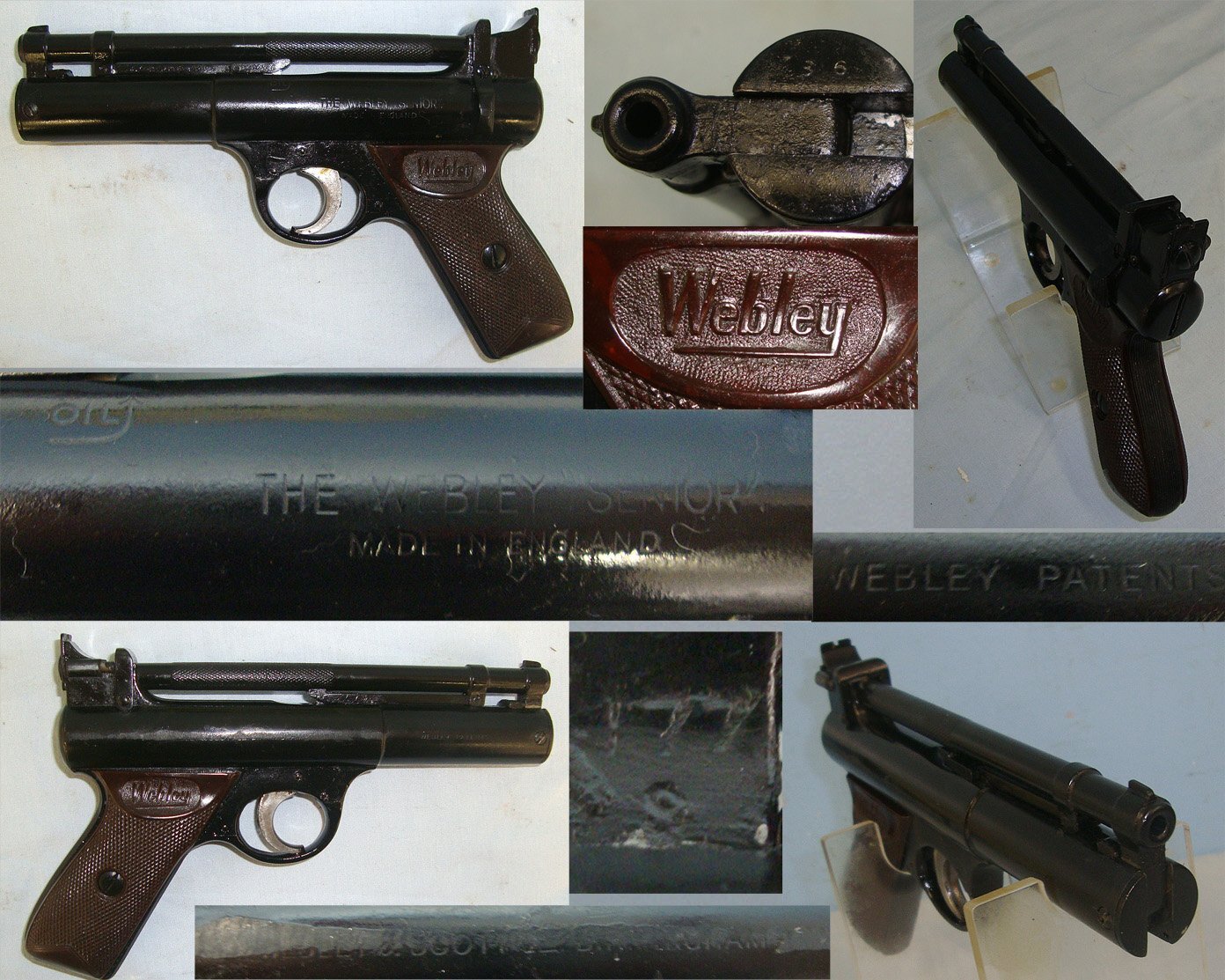 BOXED**Post 1958, Webley Senior .177 Calibre Air Pistol With Brown Grips. AI 595 air pistol .177