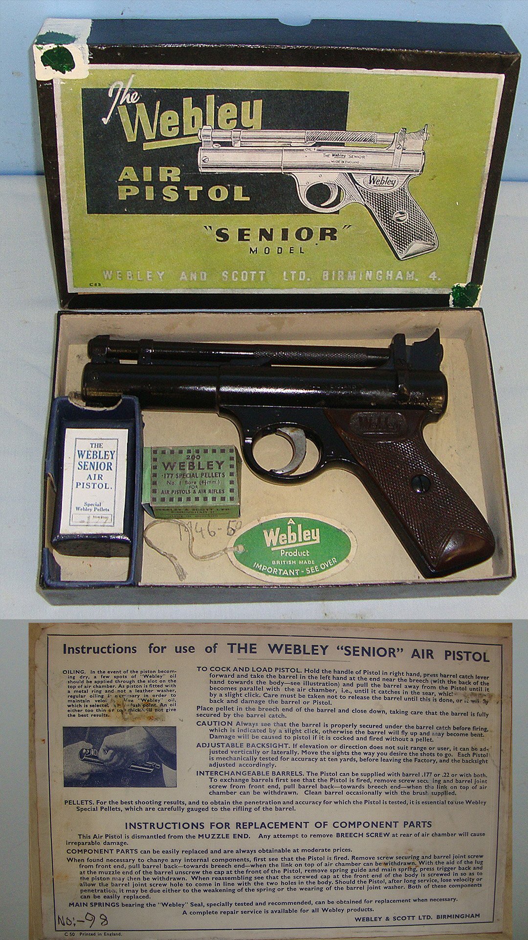  BOXED**Post 1958, Webley Senior .177 Calibre Air Pistol With Brown Grips. AI 595 air pistol .177
