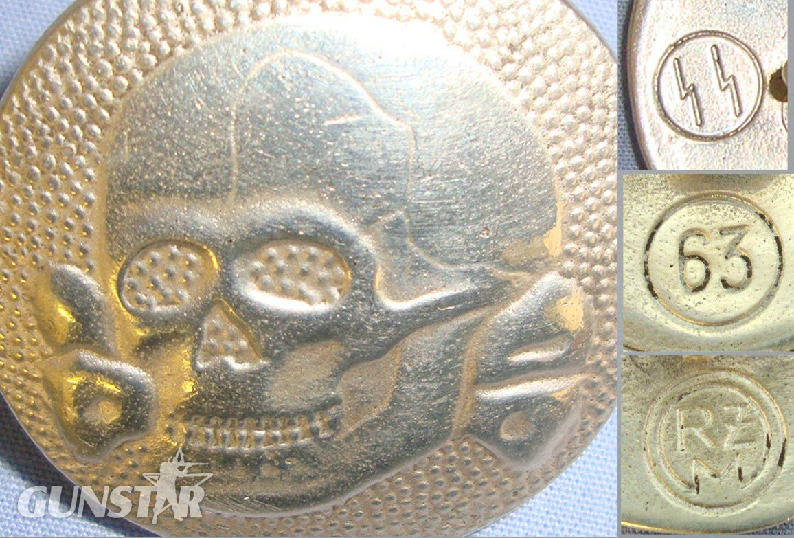 VERY RARE**SOLID SILVER**WW2 Era Nazi German Waffen SS Generals Leather Coat Totenkopf Death’s Head Skull & Cross Bones Button With RZM 63 (SteinHauer & Luck, Ludenscheid) & SS Runes Marks. Sn 21968:3  Antique & Militaria