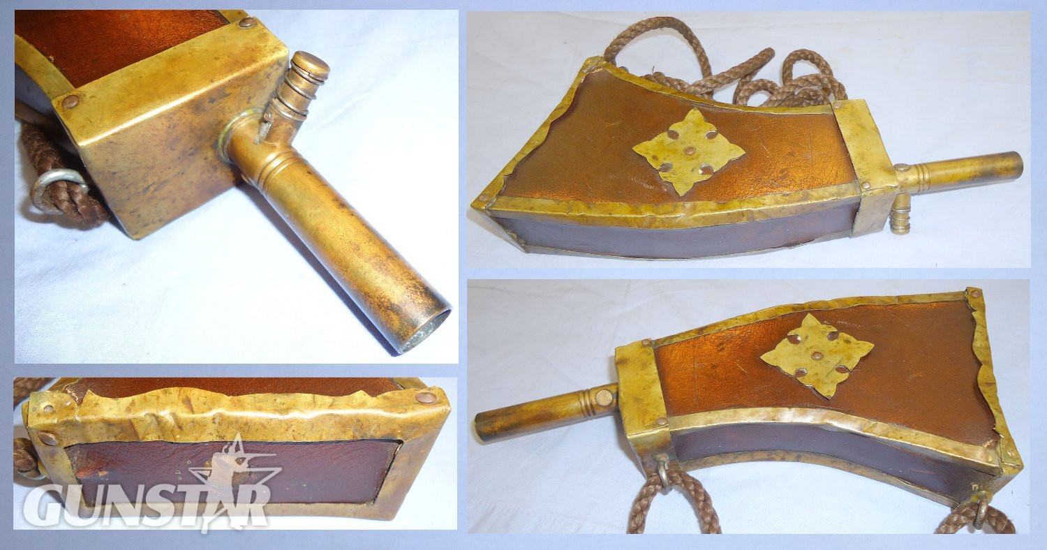 Large Flattened, Leather Covered Horn Black Powder Flask with Spring Loaded Filler. 22490:5. Large Flattened, Leather Cover Horn Black Powder Flask with Spring Loaded Filler. 22490:5.  Other Accessory