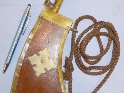 Large Flattened, Leather Covered Horn Black Powder Flask with Spring Loaded Filler. 22490:5. Large Flattened, Leather Cover Horn Black Powder Flask with Spring Loaded Filler. 22490:5.  Other Accessory