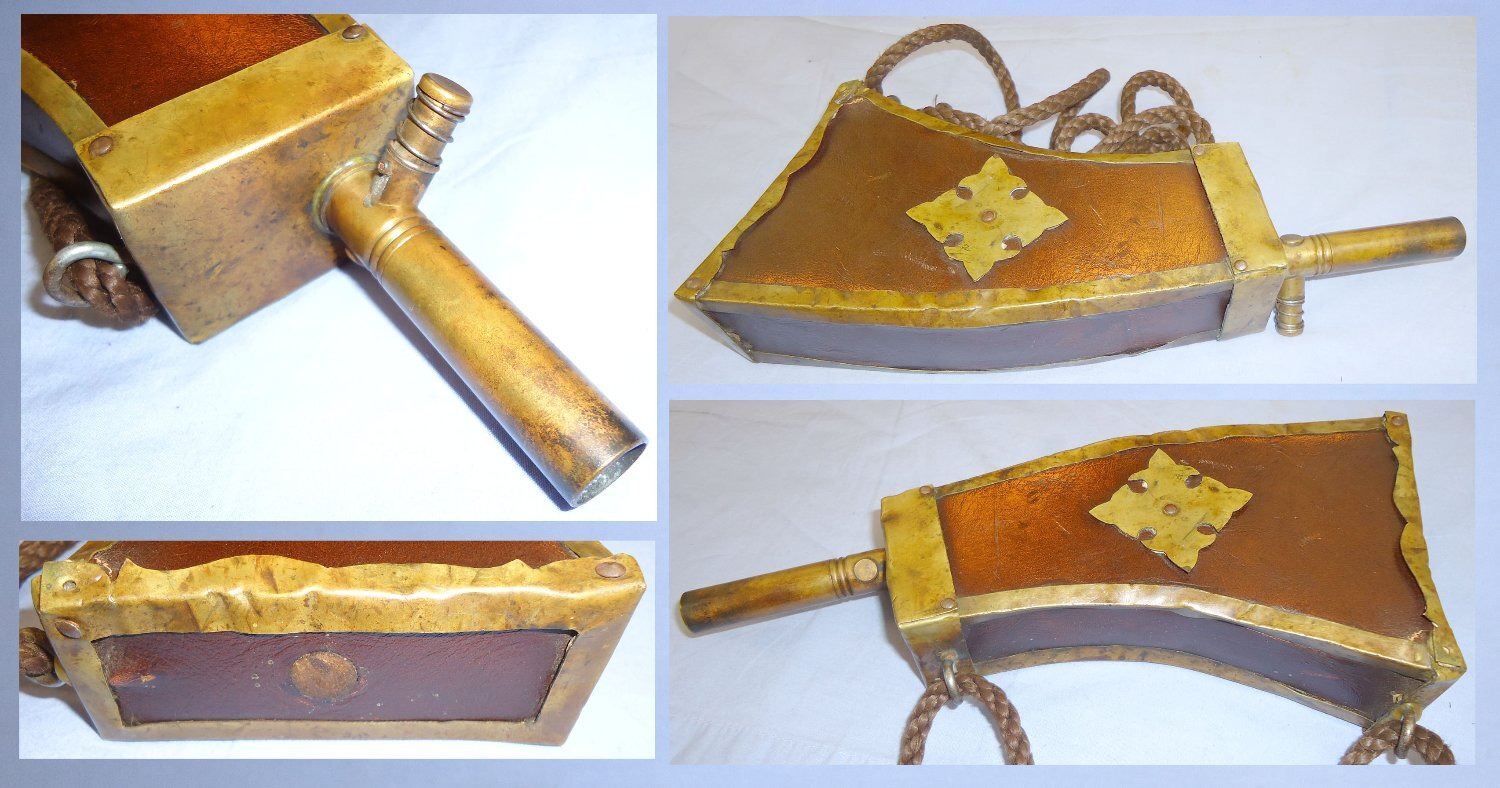 Large Flattened, Leather Covered Horn Black Powder Flask with Spring Loaded Filler. 22490:5. Large Flattened, Leather Cover Horn Black Powder Flask with Spring Loaded Filler. 22490:5.  Other Accessory
