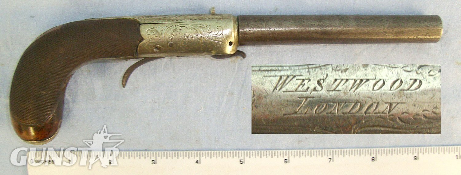 SCARCE**C1840 English, Westwood London, 120 Bore Under Hammer Percussion Traveling Boot Pistol With German Silver Action & Turn Off Barrel. Sn 23487 percussion pistol None Single Shot in 