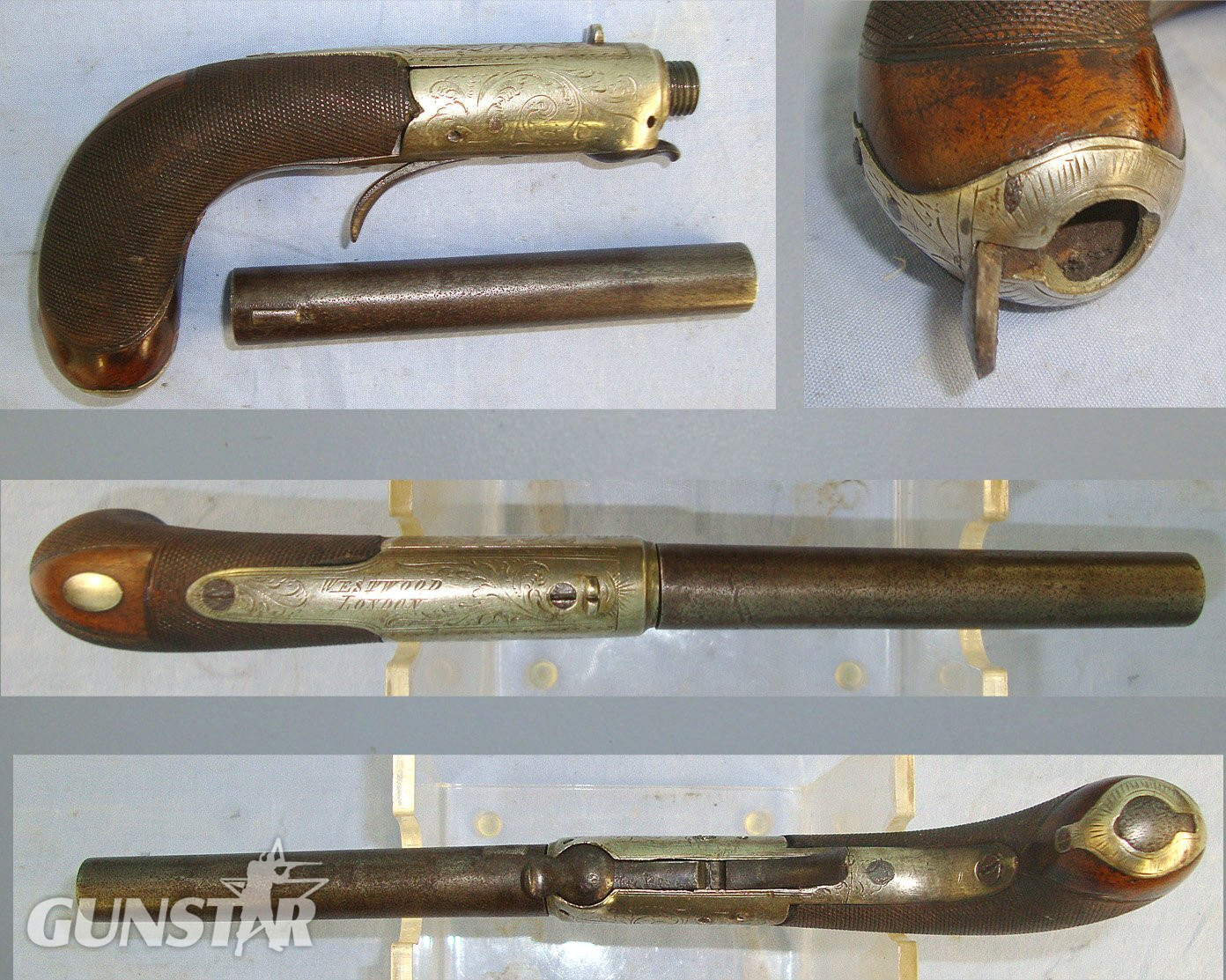 SCARCE**C1840 English, Westwood London, 120 Bore Under Hammer Percussion Traveling Boot Pistol With German Silver Action & Turn Off Barrel. Sn 23487 percussion pistol None Single Shot
