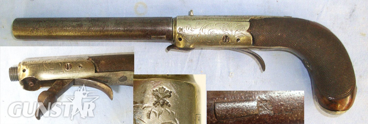  SCARCE**C1840 English, Westwood London, 120 Bore Under Hammer Percussion Traveling Boot Pistol With German Silver Action & Turn Off Barrel. Sn 23487 percussion pistol None Single Shot