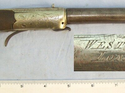 SCARCE**C1840 English, Westwood London, 120 Bore Under Hammer Percussion Traveling Boot Pistol With German Silver Action & Turn Off Barrel. Sn 23487 percussion pistol None Single Shot