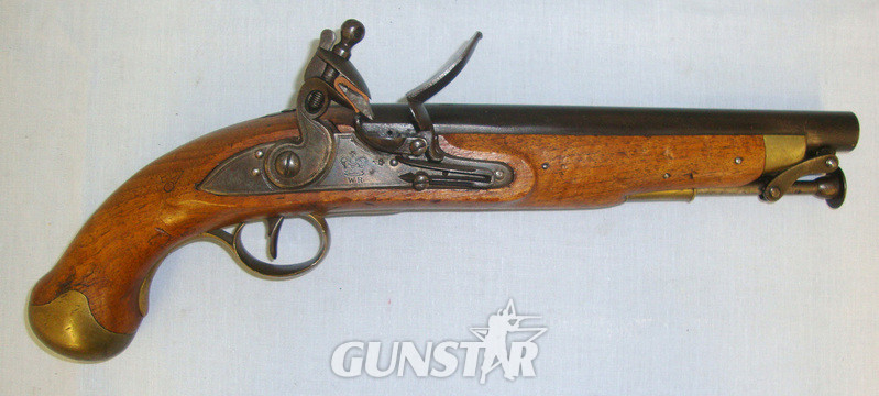 C1830 William IV British Board Of Ordnance Short Sea Service 577 Regulation Calibre Flintlock Pistol With Cudgel Butt Captive Ram Rod & Belt Bar .577 Muzzleloader in 