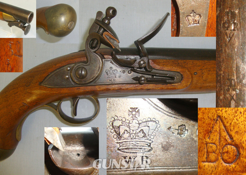 C1830 William IV British Board Of Ordnance Short Sea Service 577 Regulation Calibre Flintlock Pistol With Cudgel Butt Captive Ram Rod & Belt Bar .577 Muzzleloader